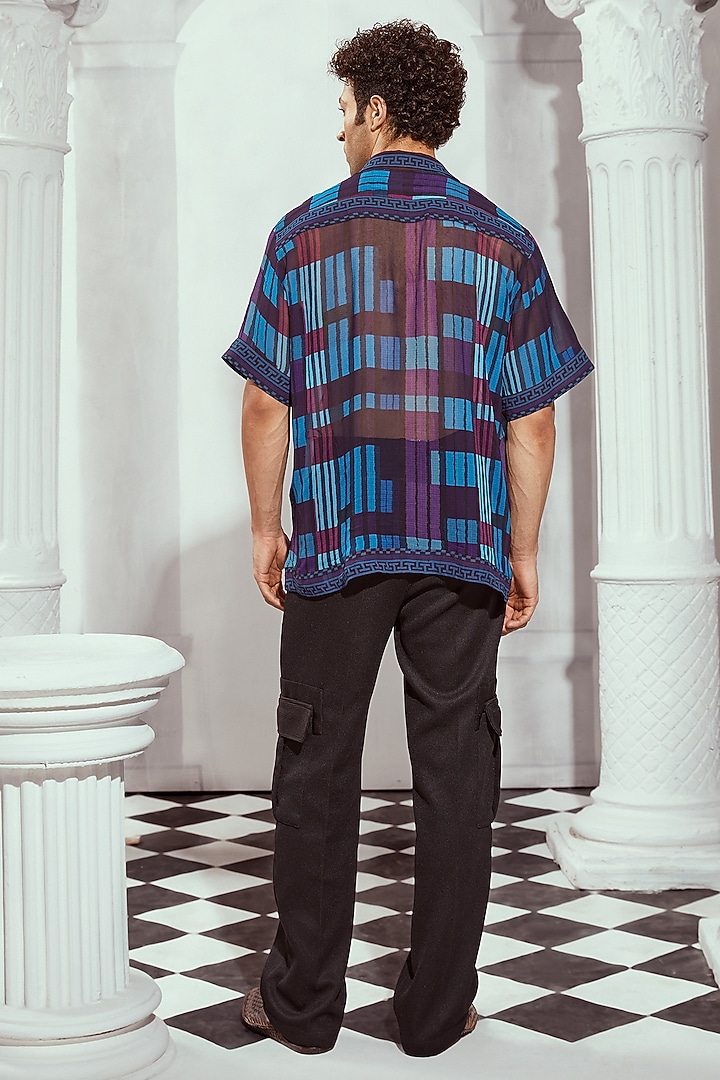 Blue Double Georgette Printed Wedding Shirt by Nikita Mhaisalkar Men at Pernia's Pop Up Shop