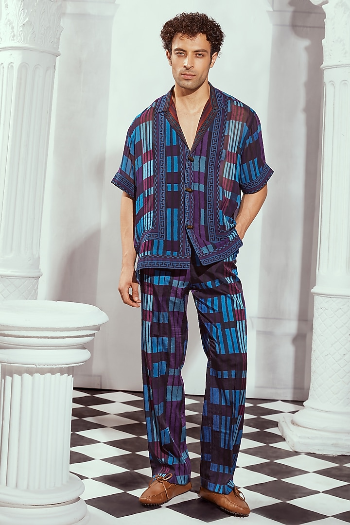 Blue Double Georgette Printed Wedding Shirt by Nikita Mhaisalkar Men at Pernia's Pop Up Shop