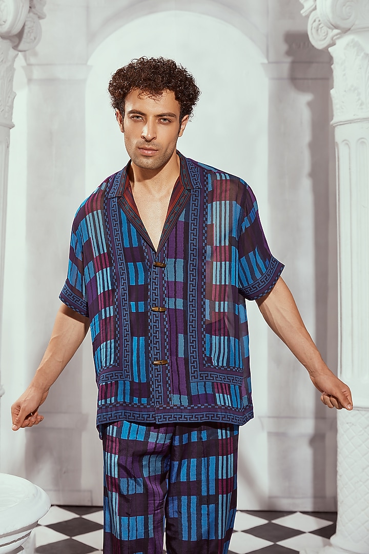 Blue Double Georgette Printed Co-Ord Set by Nikita Mhaisalkar Men at Pernia's Pop Up Shop