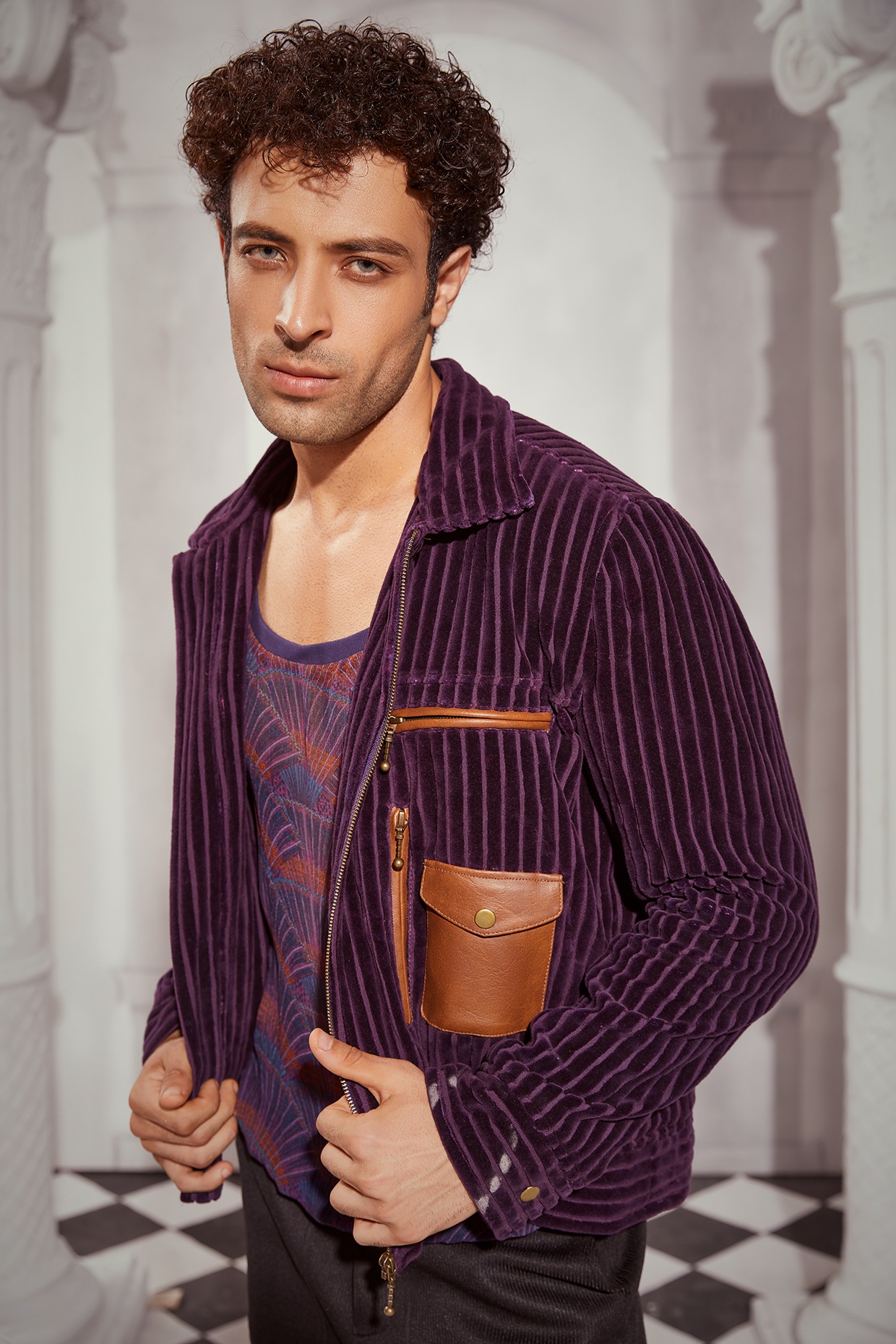 Aubergine Corduroy Bomber Jacket by Nikita Mhaisalkar Men at