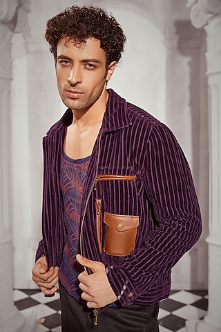 Aubergine Corduroy Bomber Jacket by Nikita Mhaisalkar Men