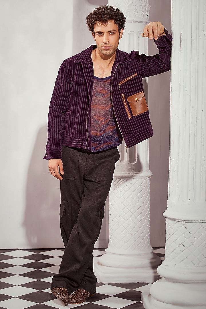 Aubergine Corduroy Bomber Jacket by Nikita Mhaisalkar Men at Pernia's Pop Up Shop