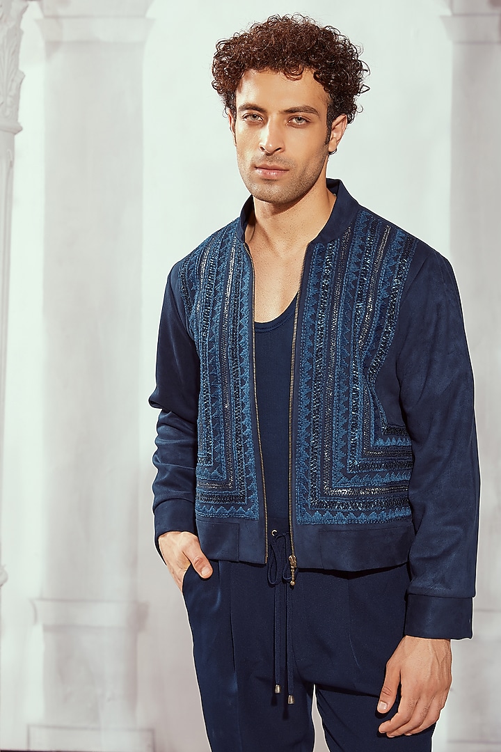 Navy Blue Faux Suede Embroidered Jacket by Nikita Mhaisalkar Men