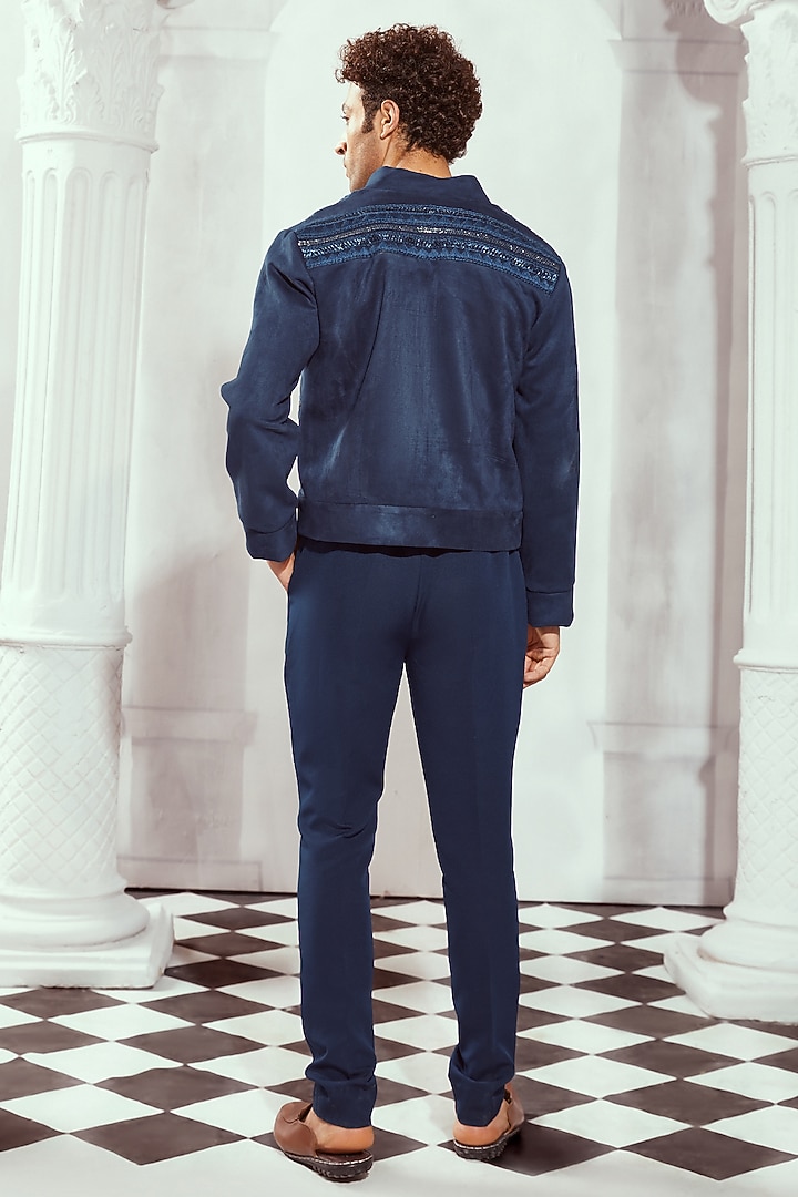 Navy Blue Faux Suede Embroidered Jacket by Nikita Mhaisalkar Men at Pernia's Pop Up Shop
