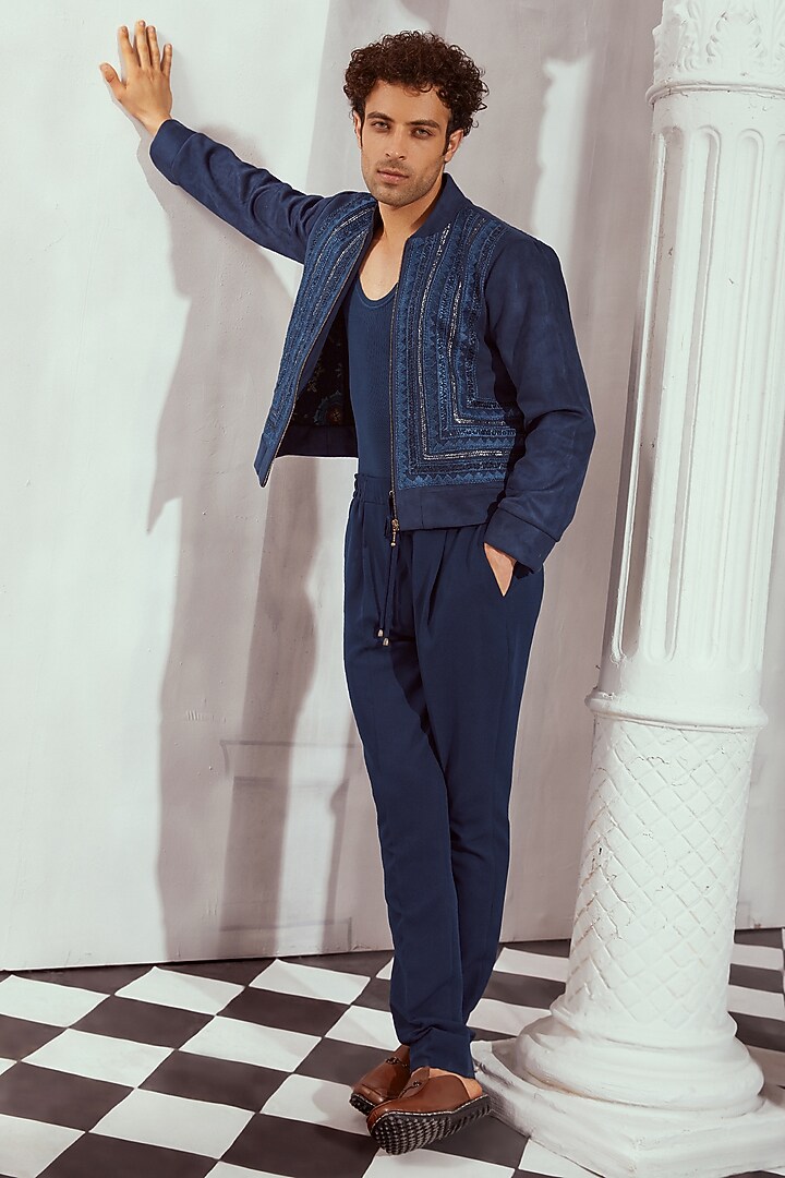 Navy Blue Faux Suede Embroidered Jacket by Nikita Mhaisalkar Men at Pernia's Pop Up Shop