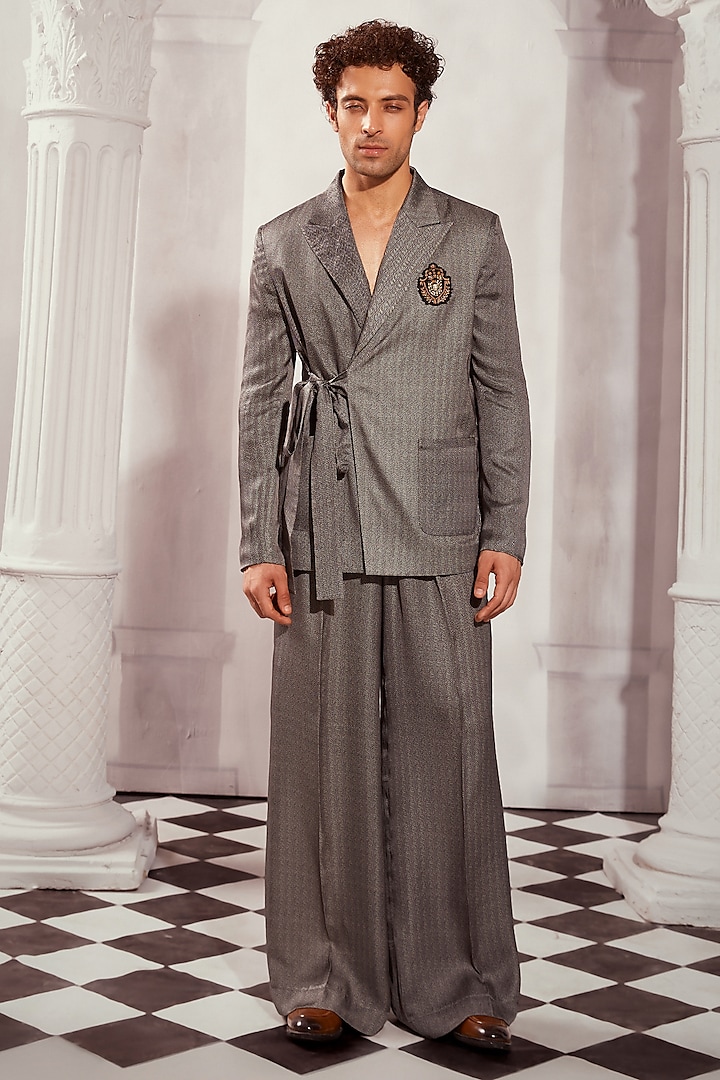 Grey Silk Satin Printed Blazer Set by Nikita Mhaisalkar Men