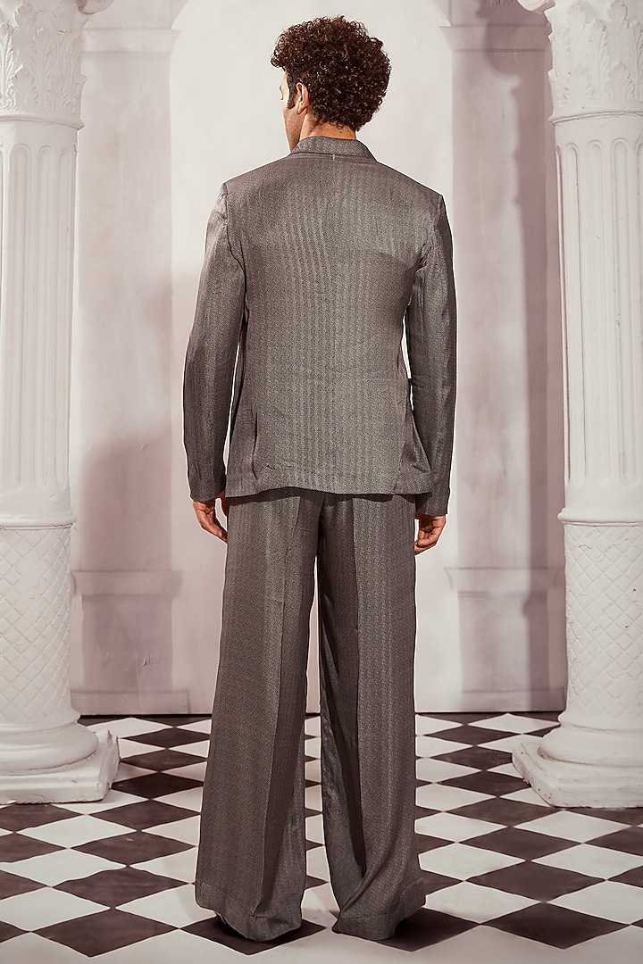 Grey Silk Satin Printed Blazer Set by Nikita Mhaisalkar Men at Pernia's Pop Up Shop
