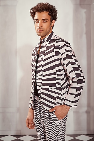Black & White Double Georgette Printed Coat by Nikita Mhaisalkar Men