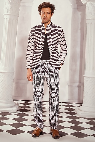 Black & White Double Georgette Printed Trousers by Nikita Mhaisalkar Men