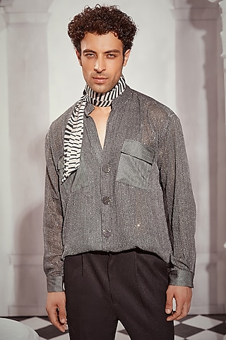 Grey Sequins Georgette Printed Shirt by Nikita Mhaisalkar Men