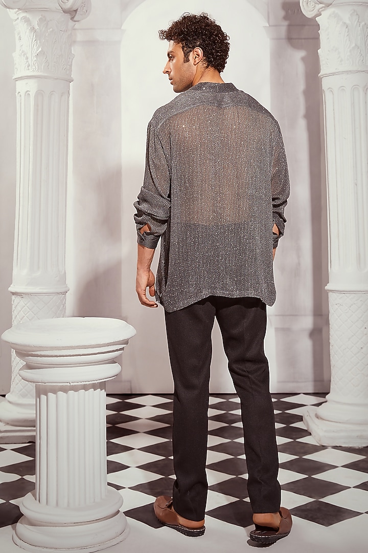 Grey Sequins Georgette Printed Wedding Shirt by Nikita Mhaisalkar Men at Pernia's Pop Up Shop