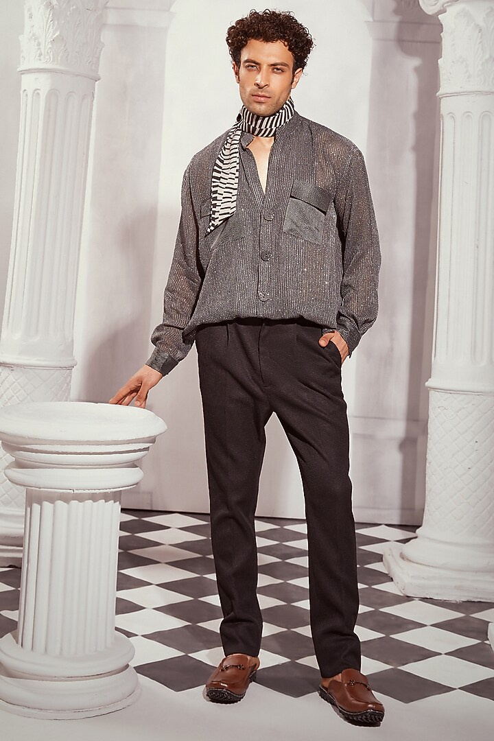 Grey Sequins Georgette Printed Wedding Shirt by Nikita Mhaisalkar Men at Pernia's Pop Up Shop