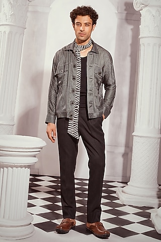 Grey Satin Printed Bomber Jacket by Nikita Mhaisalkar Men