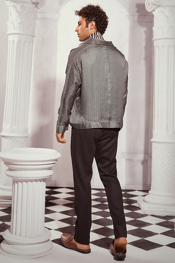 Grey Satin Printed Bomber Jacket by Nikita Mhaisalkar Men at Pernia's Pop Up Shop