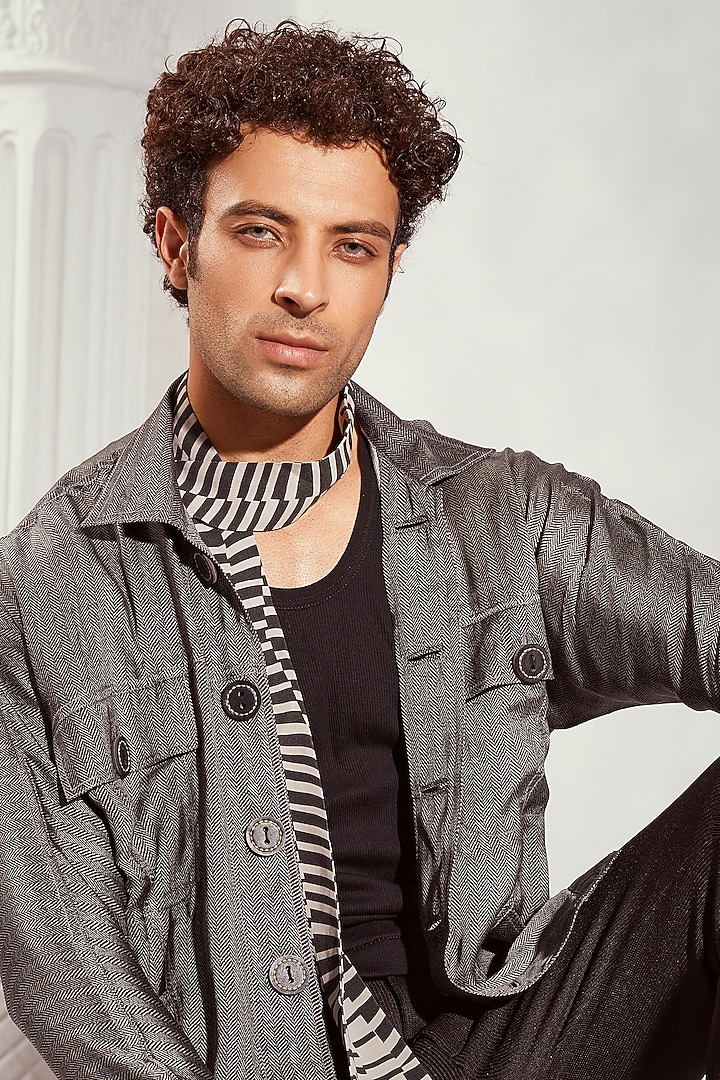 Grey Satin Printed Bomber Jacket by Nikita Mhaisalkar Men at Pernia's Pop Up Shop