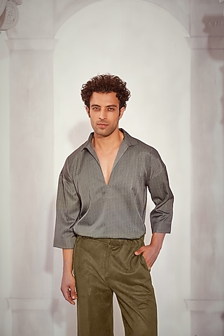 Grey Satin Printed Shirt by Nikita Mhaisalkar Men