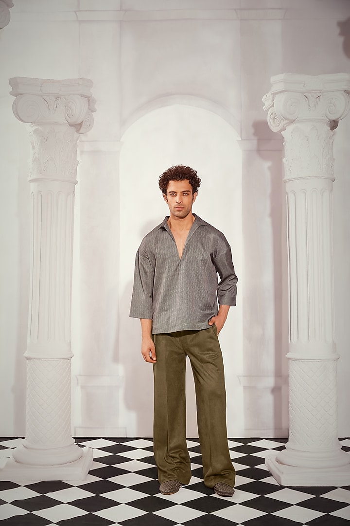 Grey Satin Printed Wedding Shirt by Nikita Mhaisalkar Men at Pernia's Pop Up Shop