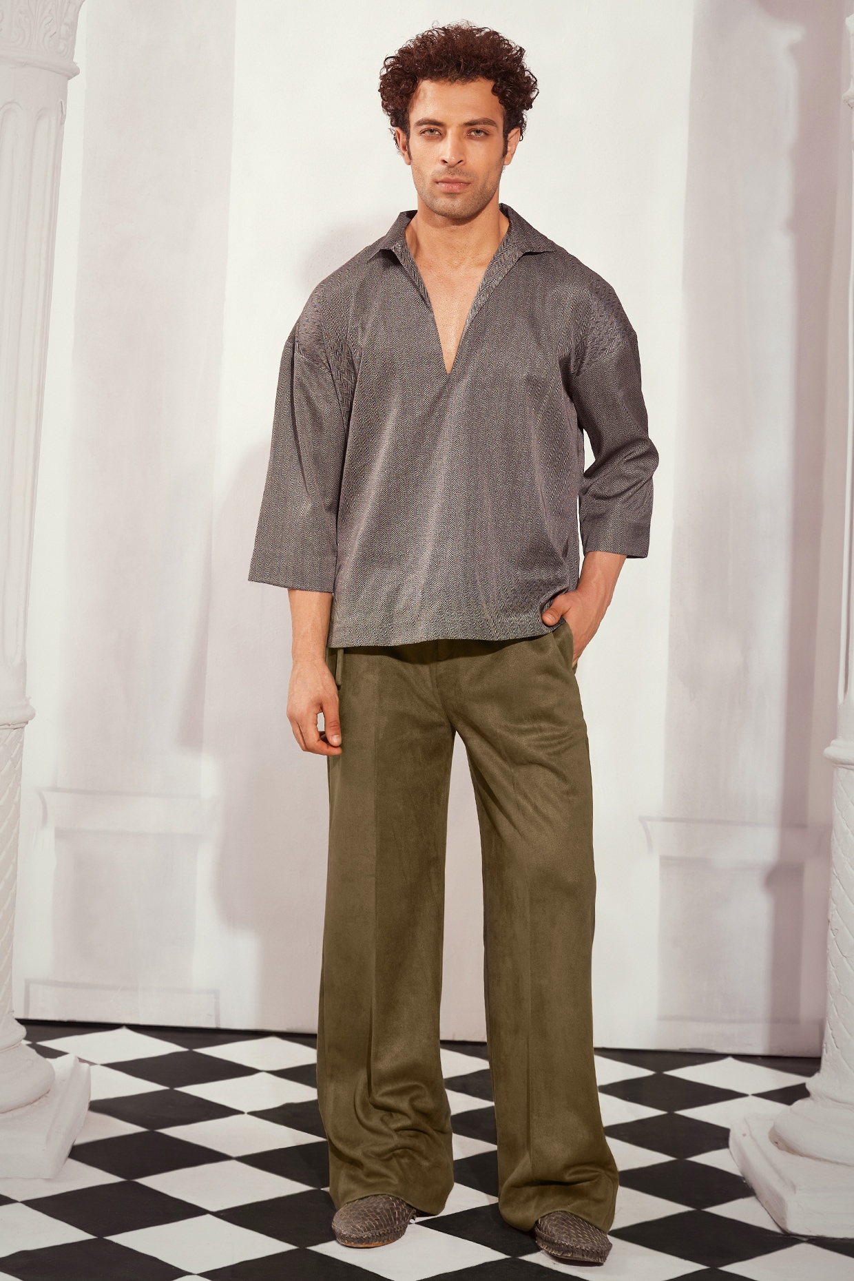 Olive Faux Suede Baggy Trousers by Nikita Mhaisalkar Men at