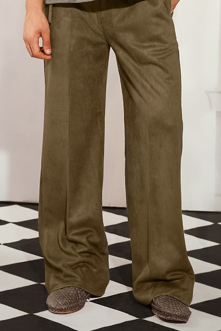 Olive Faux Suede Baggy Trousers by Nikita Mhaisalkar Men at Pernia's Pop Up Shop