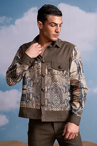 Brown Hemp Denim Python Printed Jacket by Nikita Mhaisalkar Men