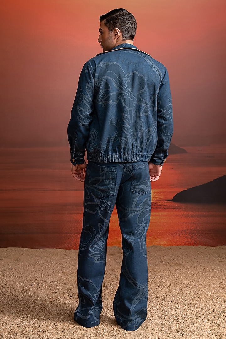 Indigo Hemp Denim & Faux Leather Printed Jacket by Nikita Mhaisalkar Men at Pernia's Pop Up Shop