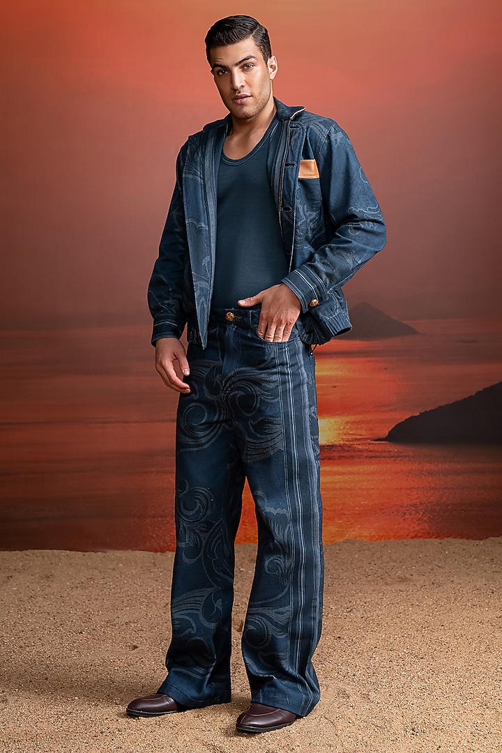 Indigo Hemp Denim & Faux Leather Printed Jacket by Nikita Mhaisalkar Men at Pernia's Pop Up Shop