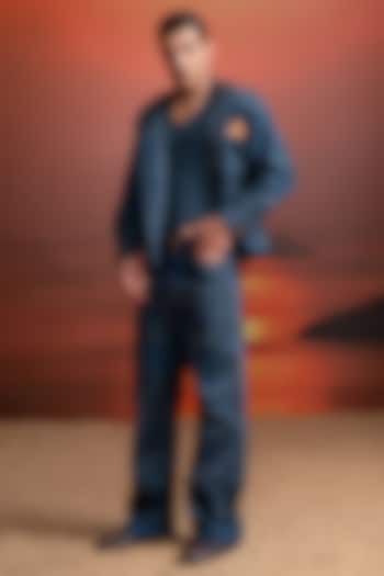 Indigo Hemp Denim Printed Pants by Nikita Mhaisalkar Men at Pernia's Pop Up Shop