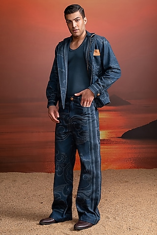 Indigo Hemp Denim Printed Pants by Nikita Mhaisalkar Men