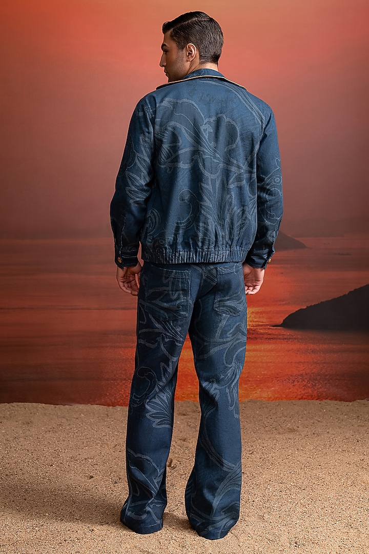 Indigo Hemp Denim Printed Pants by Nikita Mhaisalkar Men at Pernia's Pop Up Shop