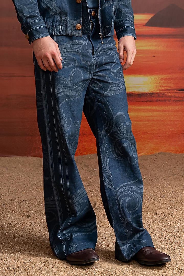 Indigo Hemp Denim Printed Pants by Nikita Mhaisalkar Men at Pernia's Pop Up Shop
