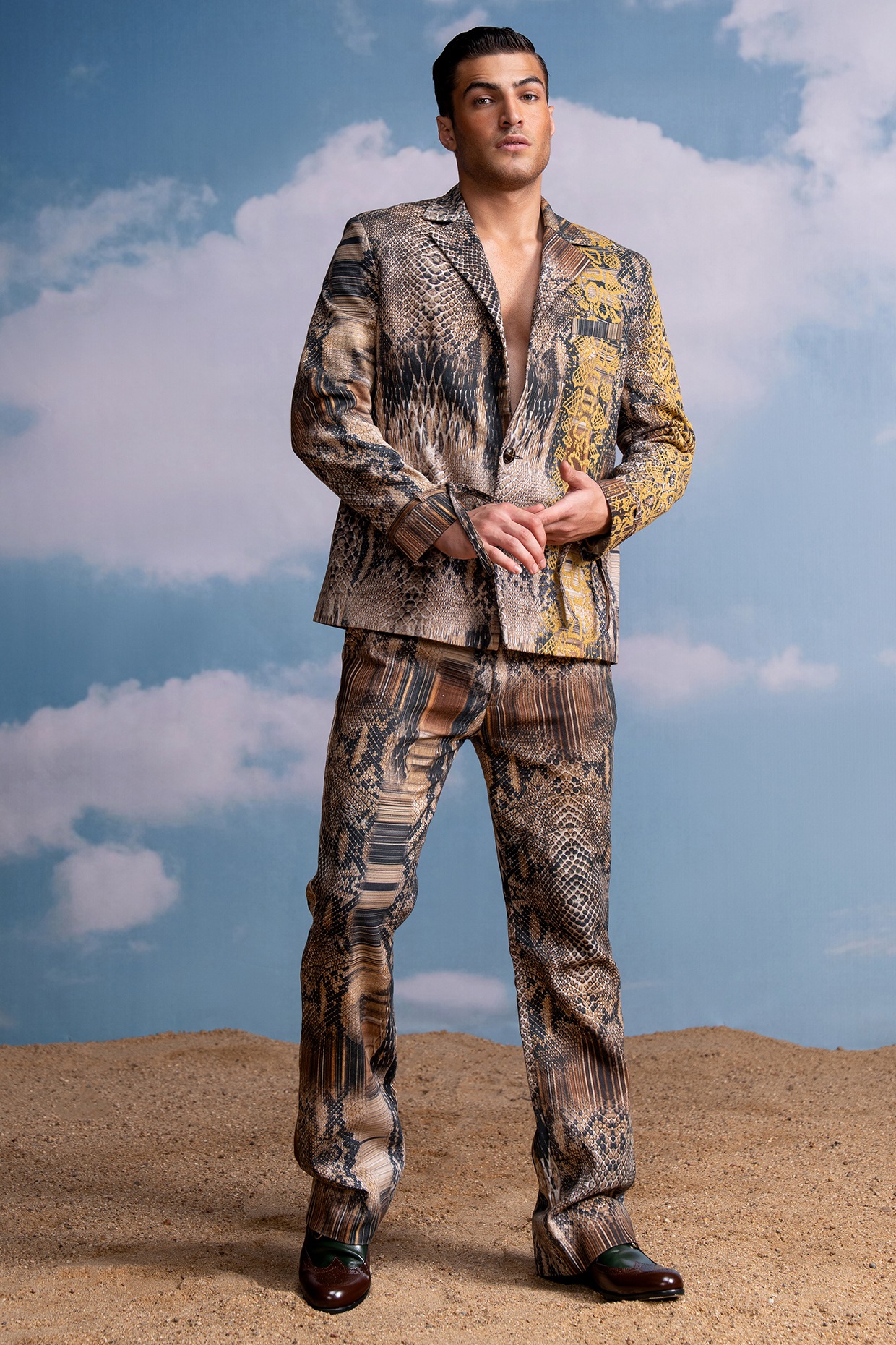 Multi-Colored Hemp Denim Python Printed Pant Set by Nikita