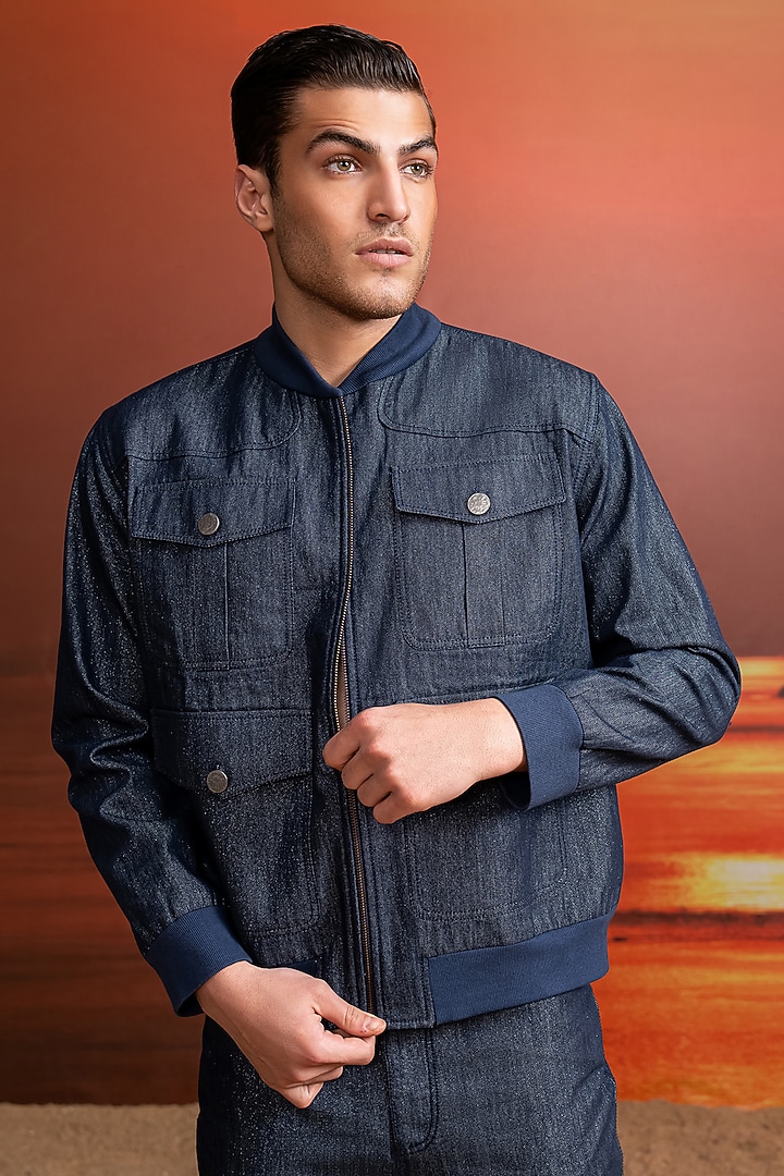 Indigo Hemp Denim Bomber Jacket Set by Nikita Mhaisalkar Men at Pernia's Pop Up Shop