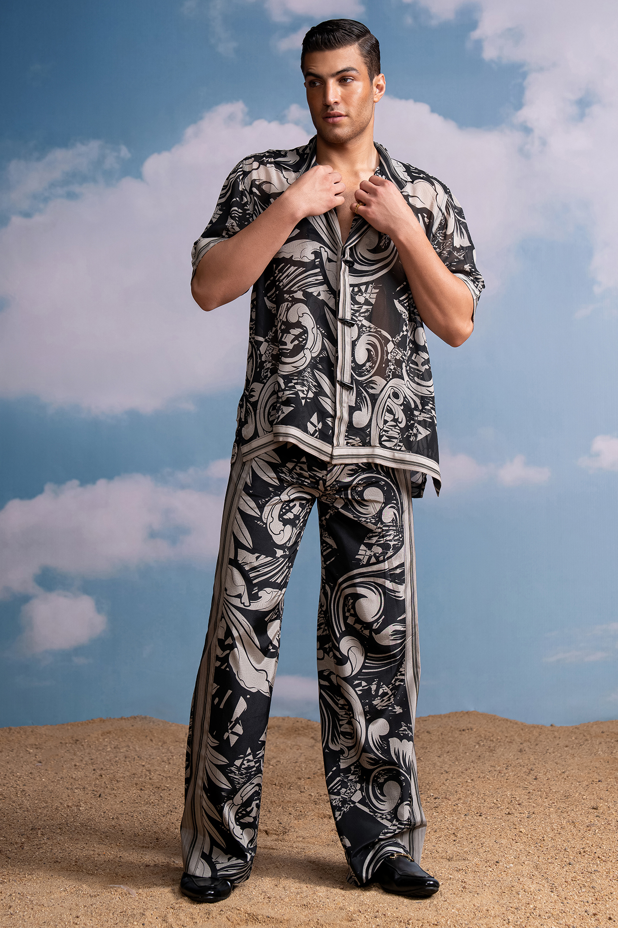 White & Black Silk Crepe Printed Co-Ord Set by Nikita Mhaisalkar Men