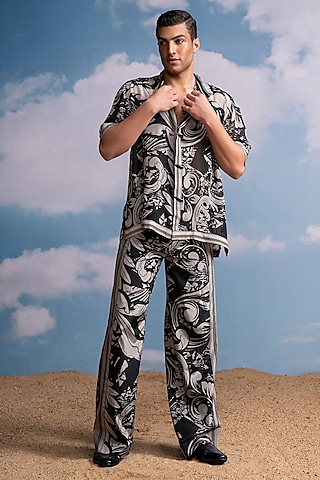 White & Black Silk Crepe Printed Co-Ord Set by Nikita Mhaisalkar Men