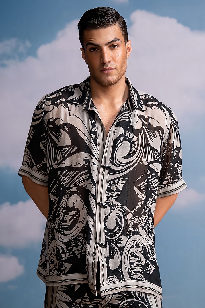 White & Black Silk Crepe Printed Co-Ord Set by Nikita Mhaisalkar Men at Pernia's Pop Up Shop