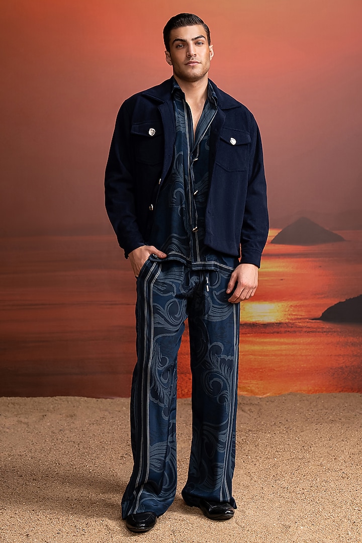 Indigo Silk Corduroy Jacket by Nikita Mhaisalkar Men at Pernia's Pop Up Shop