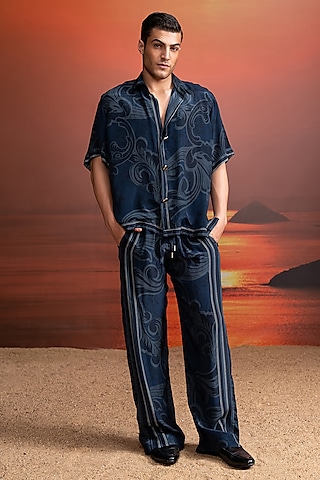Indigo Silk Crepe Printed Co-Ord Set by Nikita Mhaisalkar Men