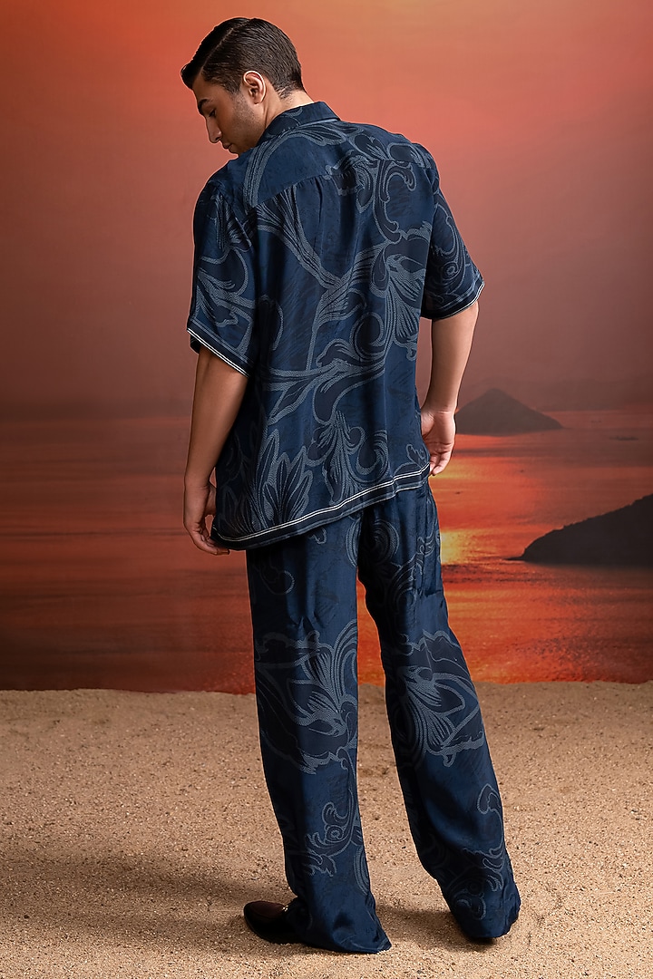 Indigo Silk Crepe Printed Co-Ord Set by Nikita Mhaisalkar Men at Pernia's Pop Up Shop