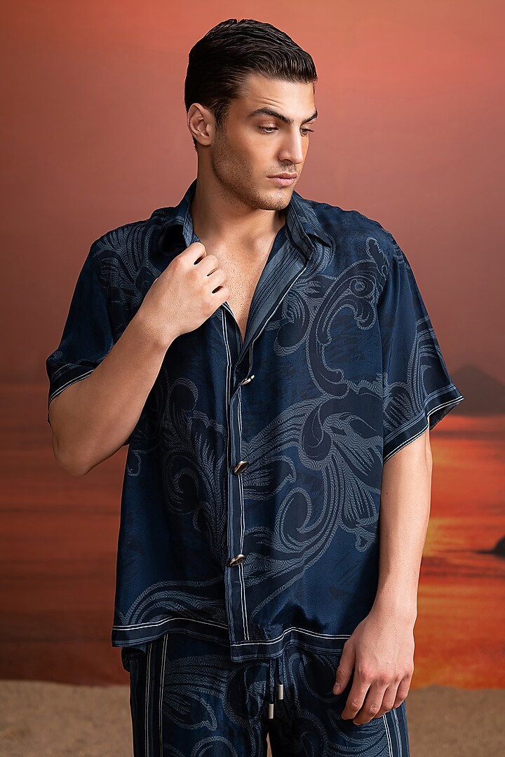 Indigo Silk Crepe Printed Co-Ord Set by Nikita Mhaisalkar Men at Pernia's Pop Up Shop