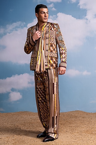 Brown Silk Satin Printed Co-Ord Set by Nikita Mhaisalkar Men