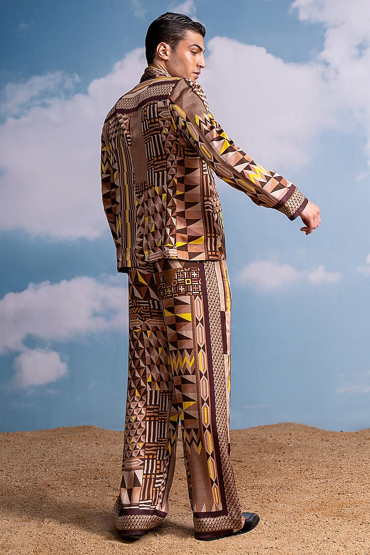 Brown Silk Satin Printed Co-Ord Set by Nikita Mhaisalkar Men at Pernia's Pop Up Shop