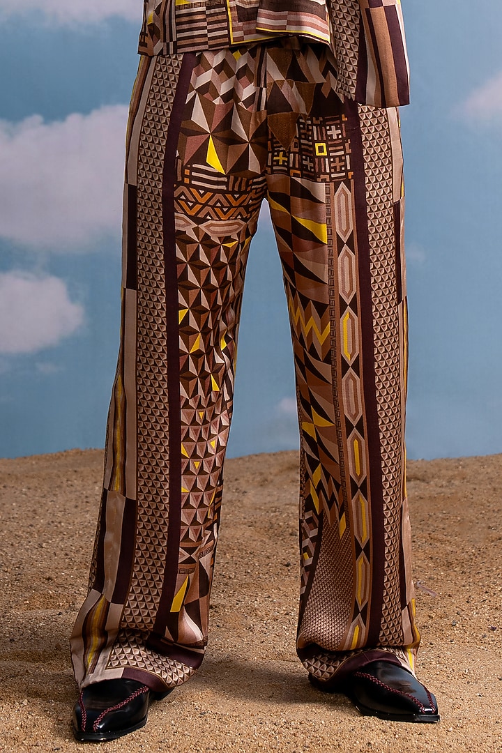 Brown Silk Satin Printed Co-Ord Set by Nikita Mhaisalkar Men at Pernia's Pop Up Shop