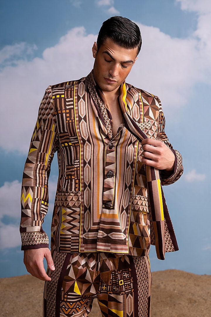 Brown Silk Satin Printed Co-Ord Set by Nikita Mhaisalkar Men at Pernia's Pop Up Shop