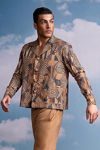 Brown Hemp Denim Geometric Printed Shacket by Nikita Mhaisalkar Men