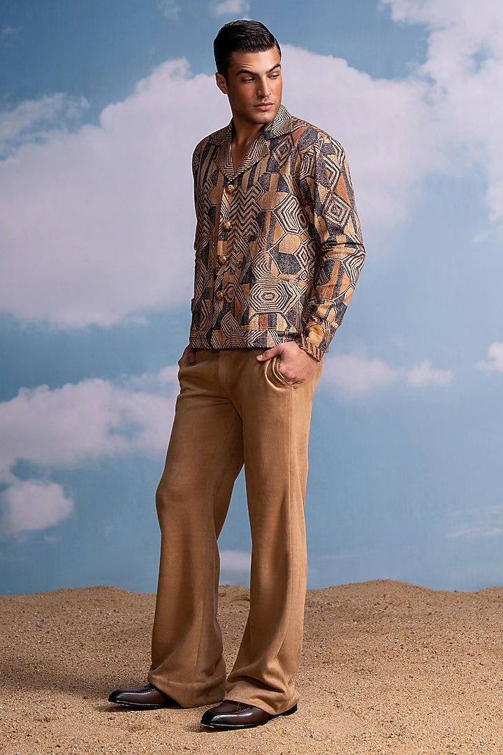 Brown Hemp Denim Geometric Printed Shacket by Nikita Mhaisalkar Men at Pernia's Pop Up Shop