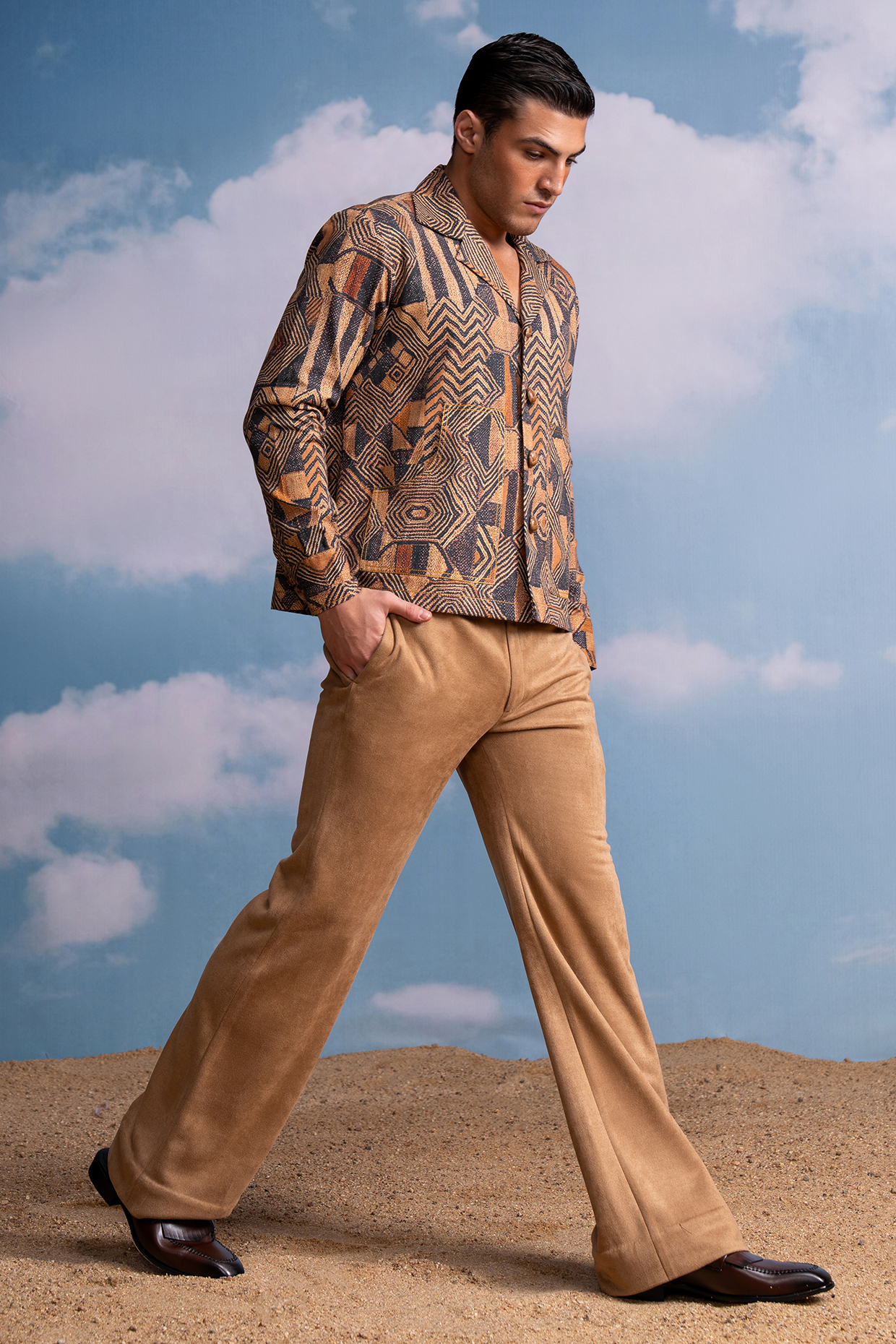 Caramel Beige Silk Suede Pants by Nikita Mhaisalkar Men