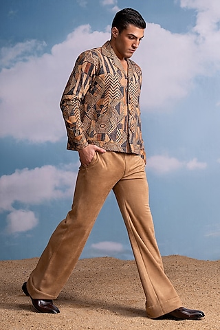 Caramel Beige Silk Suede Pants by Nikita Mhaisalkar Men