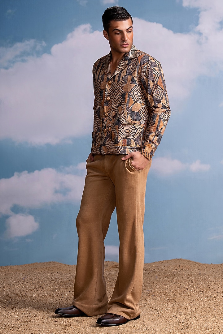 Caramel Beige Silk Suede Pants by Nikita Mhaisalkar Men at Pernia's Pop Up Shop