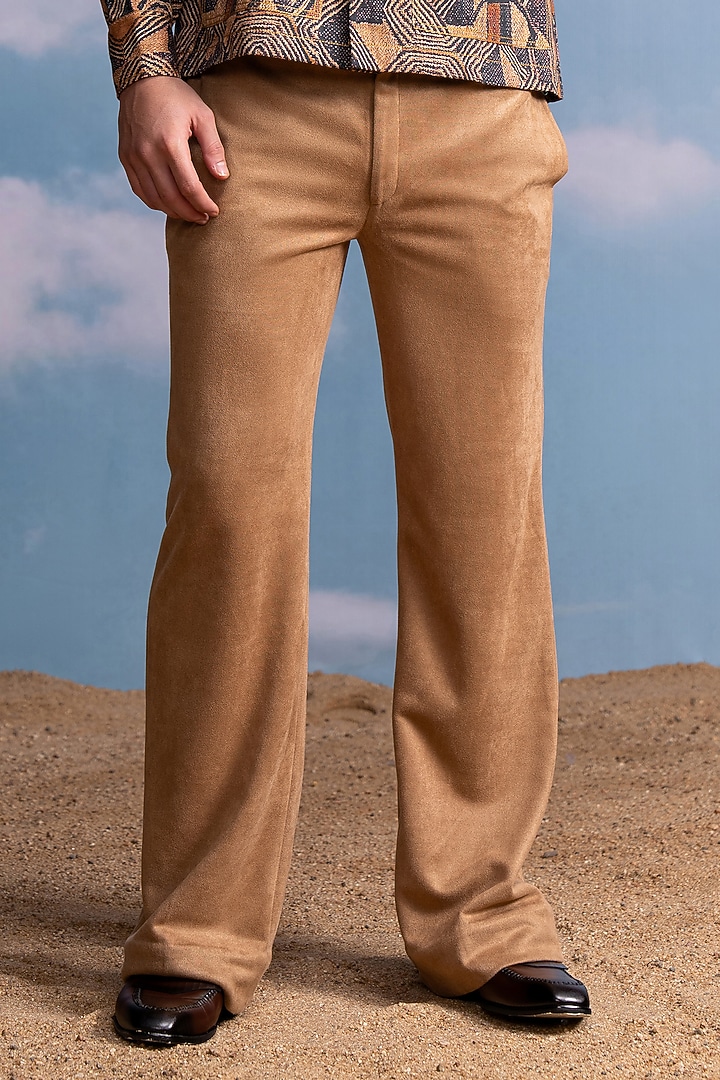 Caramel Beige Silk Suede Pants by Nikita Mhaisalkar Men at Pernia's Pop Up Shop