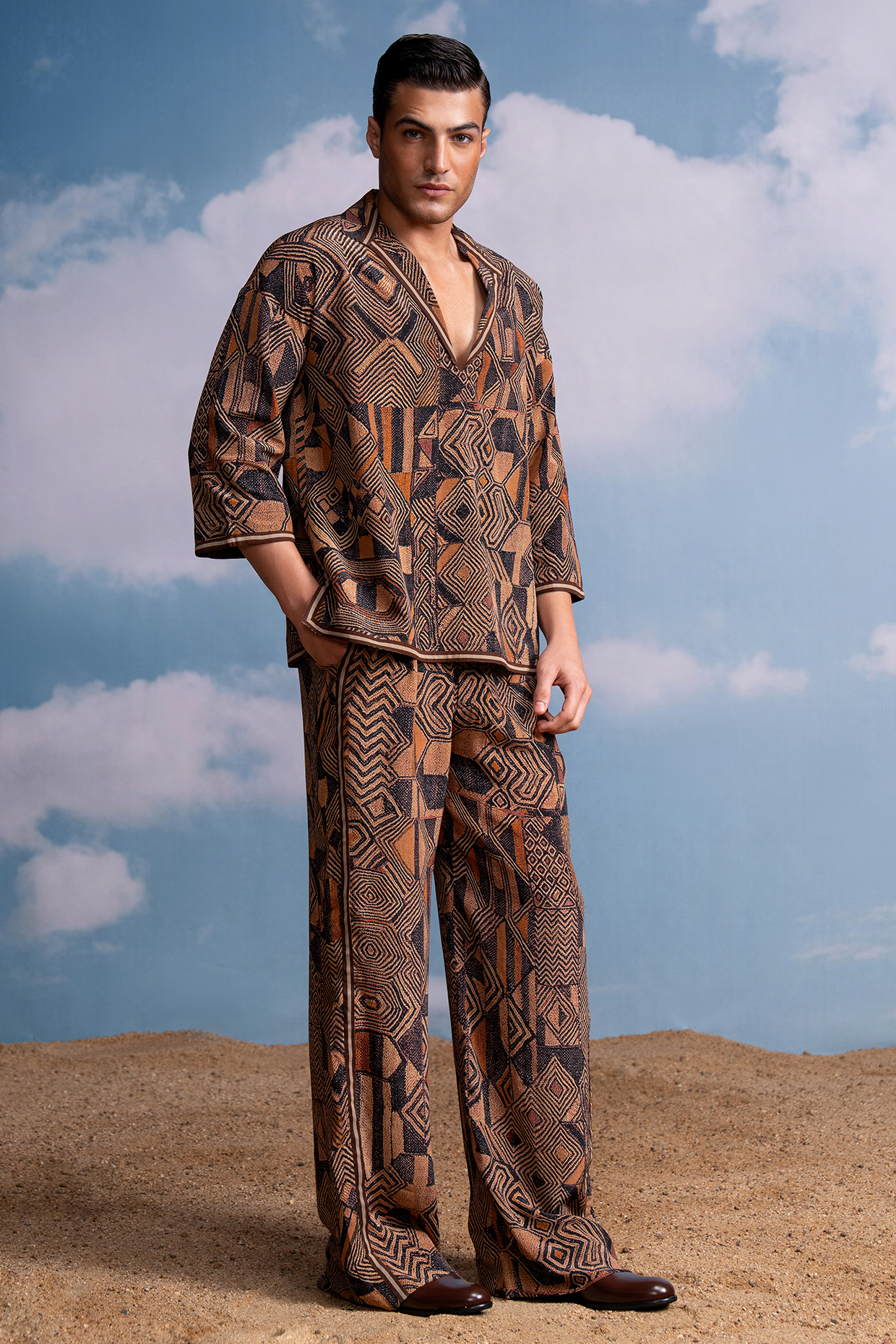 Brown Silk Crepe Geometric Printed Co-Ord Set by Nikita Mhaisalkar Men